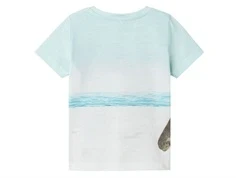 Name It T-Shirt bag fra med print af tyrannosarus Rex på en strand med surf boards, badering og palmer på forsiden 13243296 honeydew